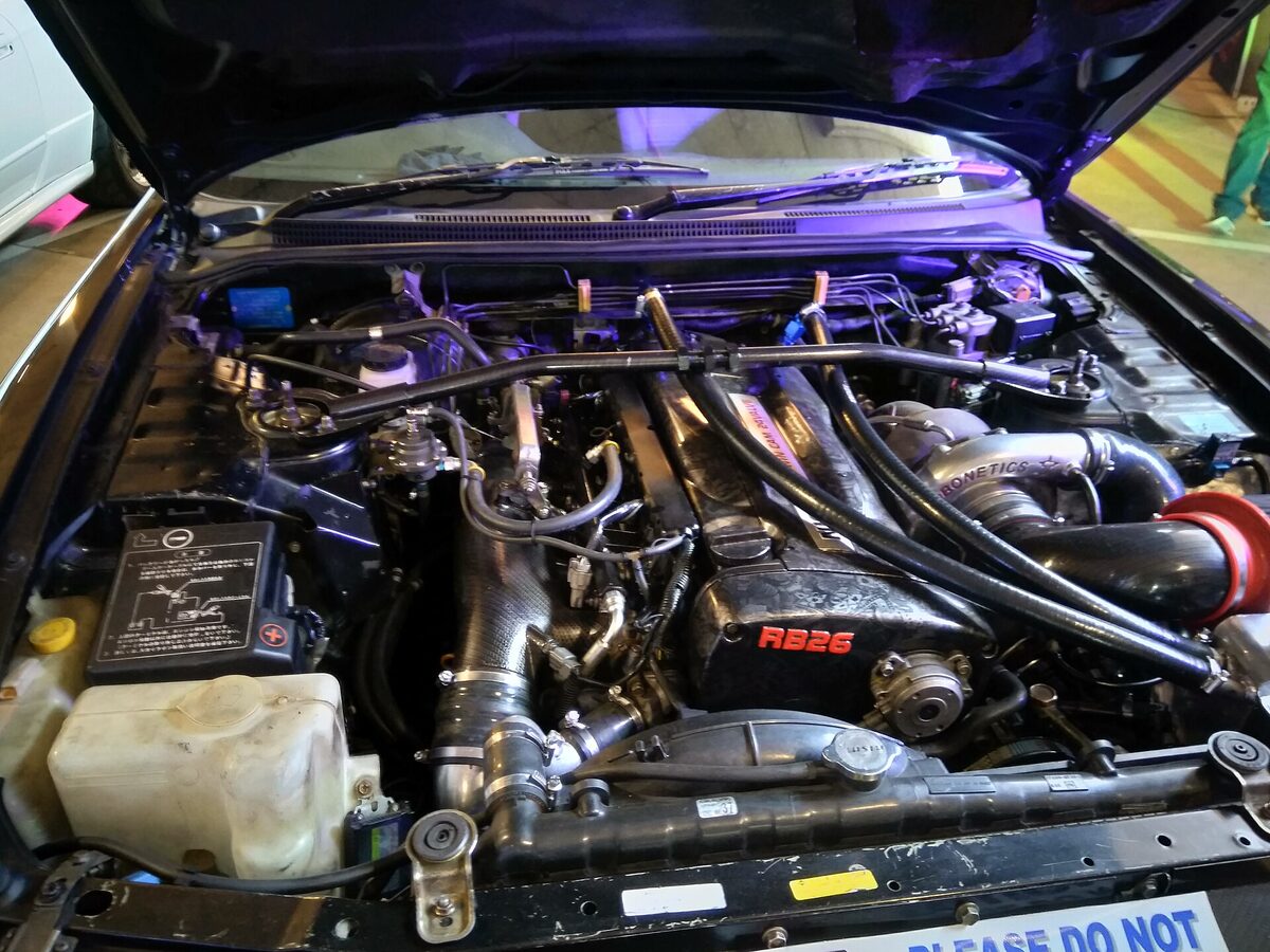 Close-up of the RB26DETT engine in a Nissan Skyline R33